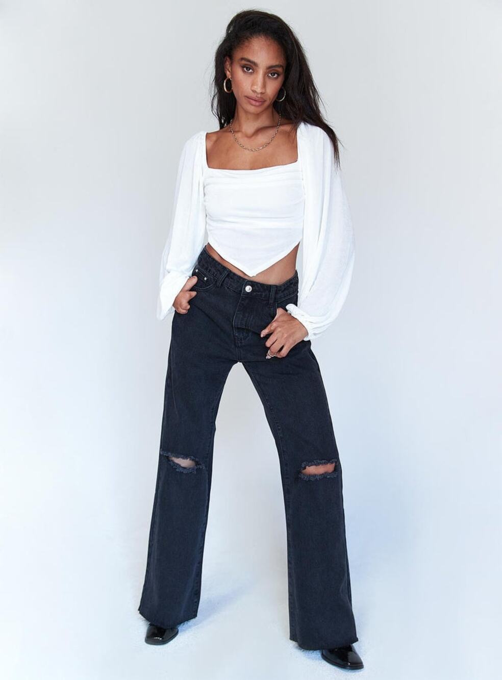 Princess Polly Jeans Denim Ripped Distressed Straight Button Fly Black Size 8